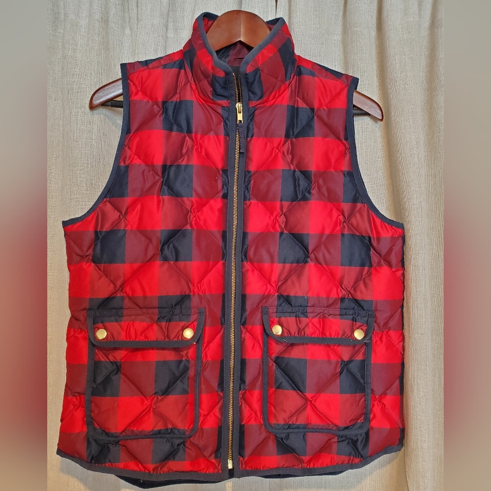 J. Crew Buffalo Check Quilted Vest Red and Blue Down Filled Zip Vest Women's M